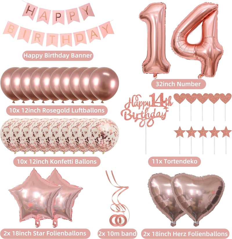 Tortendeko 14. Geburtstag für Mädchen – Rosegoldene Ballons