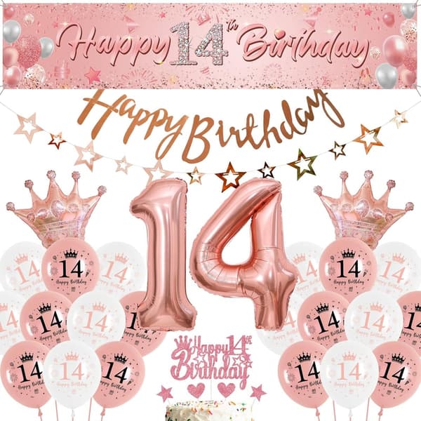 Roségoldene Luftballons für den 14. Geburtstag von Mädchen – Riesen Folienzahl und Banner-Dekoration
