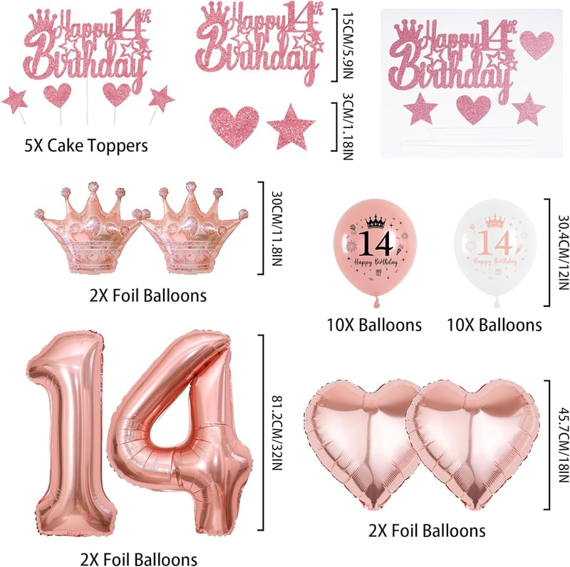 Roségoldene Luftballons für den 14. Geburtstag von Mädchen – Riesen Folienzahl und Banner-Dekoration