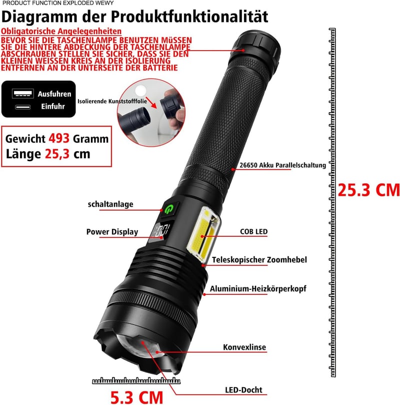 Wiederaufladbare 990.000 Lumen Taschenlampe, IP67 wasserdicht, 10 Lichtmodi
