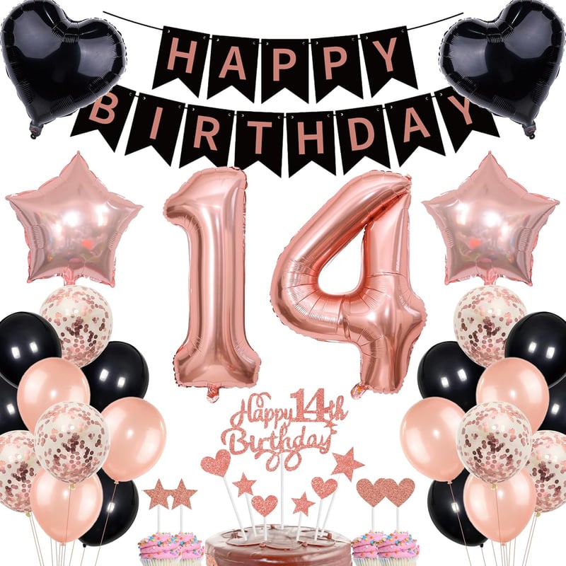 Deko-Set für den 14. Geburtstag Mädchen in Roségold und Schwarz