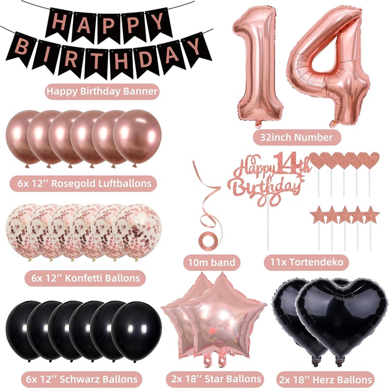 Deko-Set für den 14. Geburtstag Mädchen in Roségold und Schwarz