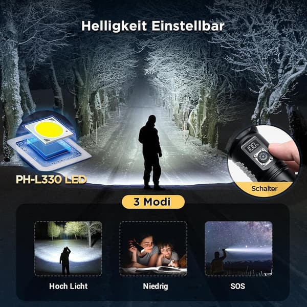 Extrem Helle 500000 Lumen Taktische LED Taschenlampe, USB-C Aufladbar