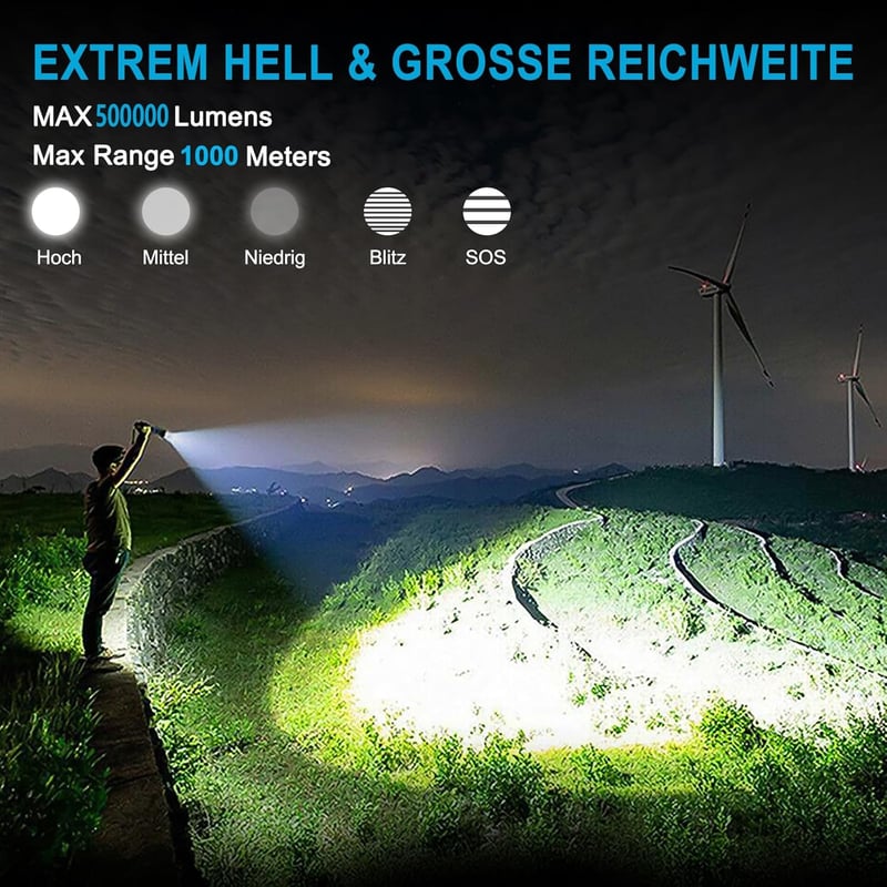 Extreme LED Taschenlampe XHP70.2, 600000 Lumen, IPX7, aufladbar