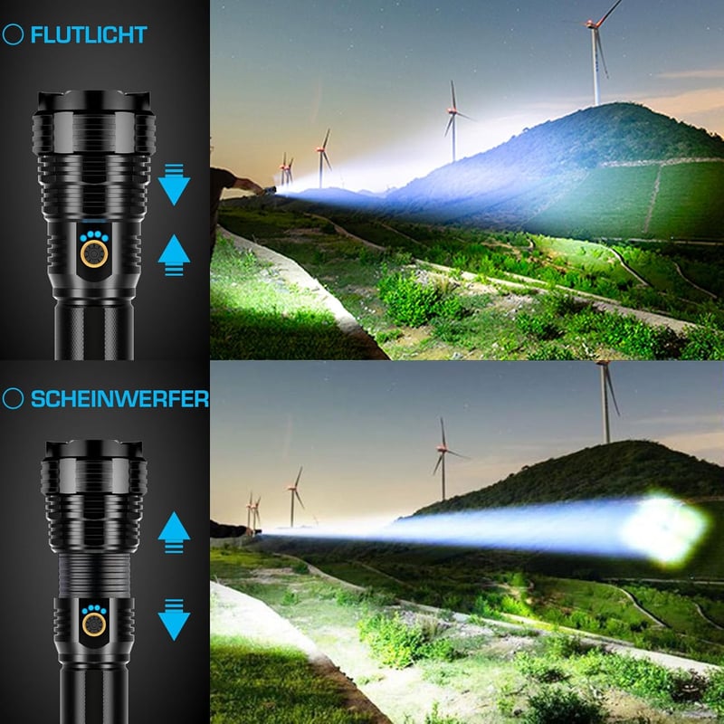 Extreme LED Taschenlampe XHP70.2, 600000 Lumen, IPX7, aufladbar