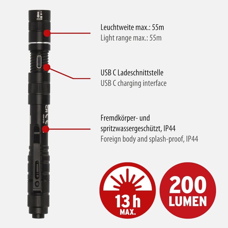 Brennenstuhl LED Taschenlampe Akumulator, spritzwassergeschützt IP44, 200lm
