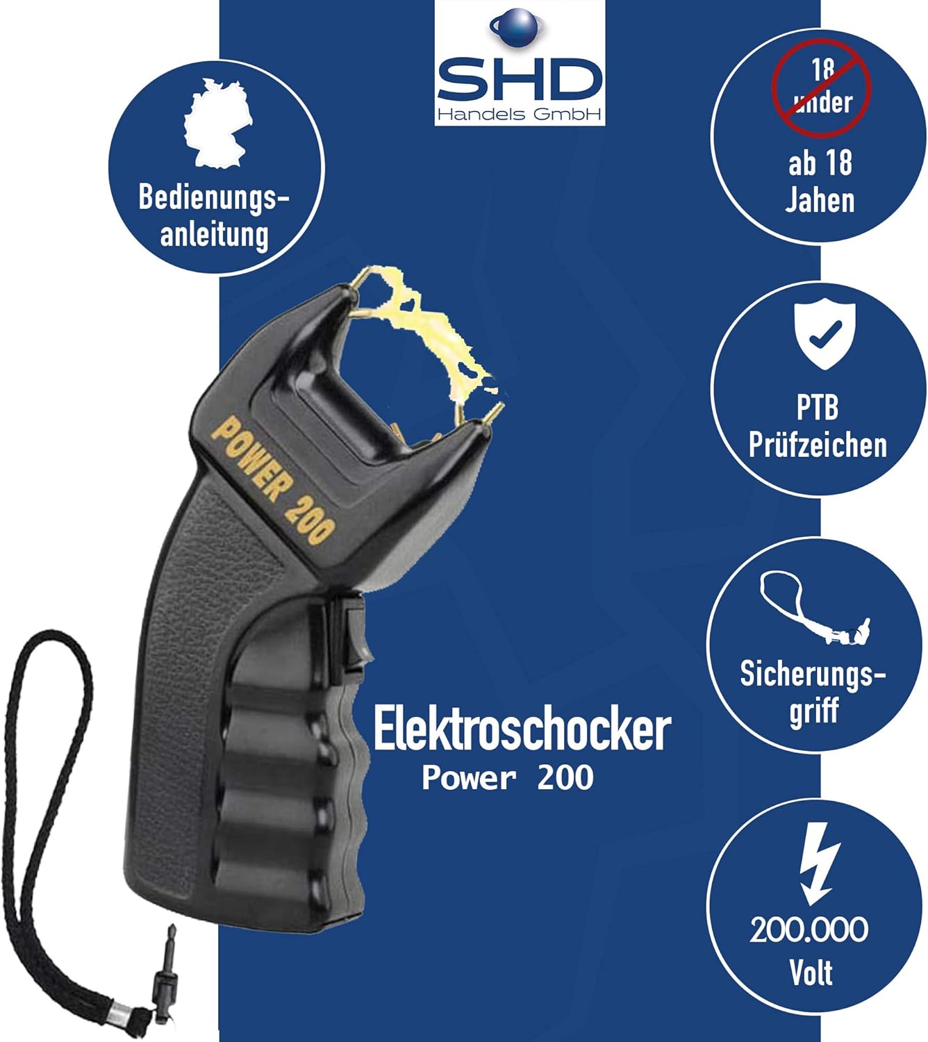 Power Abwehr Elektroschocker 200.000 Volt mit PTB-Zulassung und Sicherheitsfunktion
