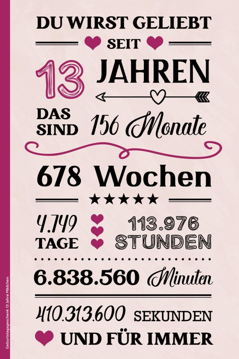 Notizbuch A5 für 13. Geburtstag Mädchen mit schönem Spruch