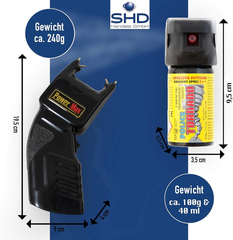 Power Abwehrset: Elektroschocker 500.000 Volt & Pfefferspray 40ml
