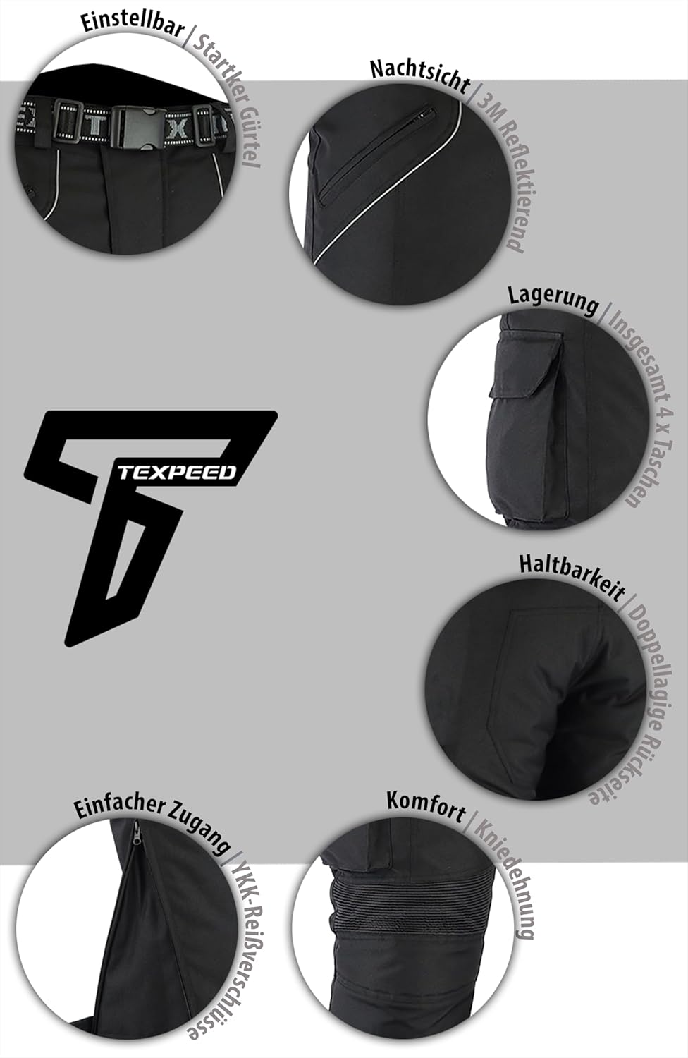 Wasserdichte Texil Motorradhose mit Protektoren für Herren - Schwarz