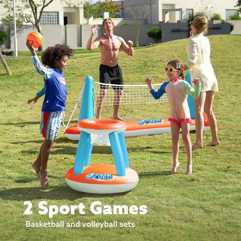 Aufblasbares Poolspielset mit Volleyballnetz und Basketballkörben für Kinder und Erwachsene