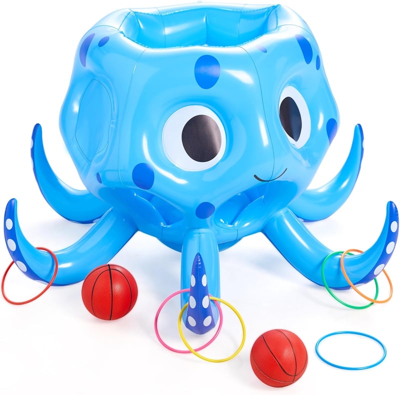 Aufblasbarer Oktopus für den Pool – 2-in-1 Basketball und Ringwurf für Kinder