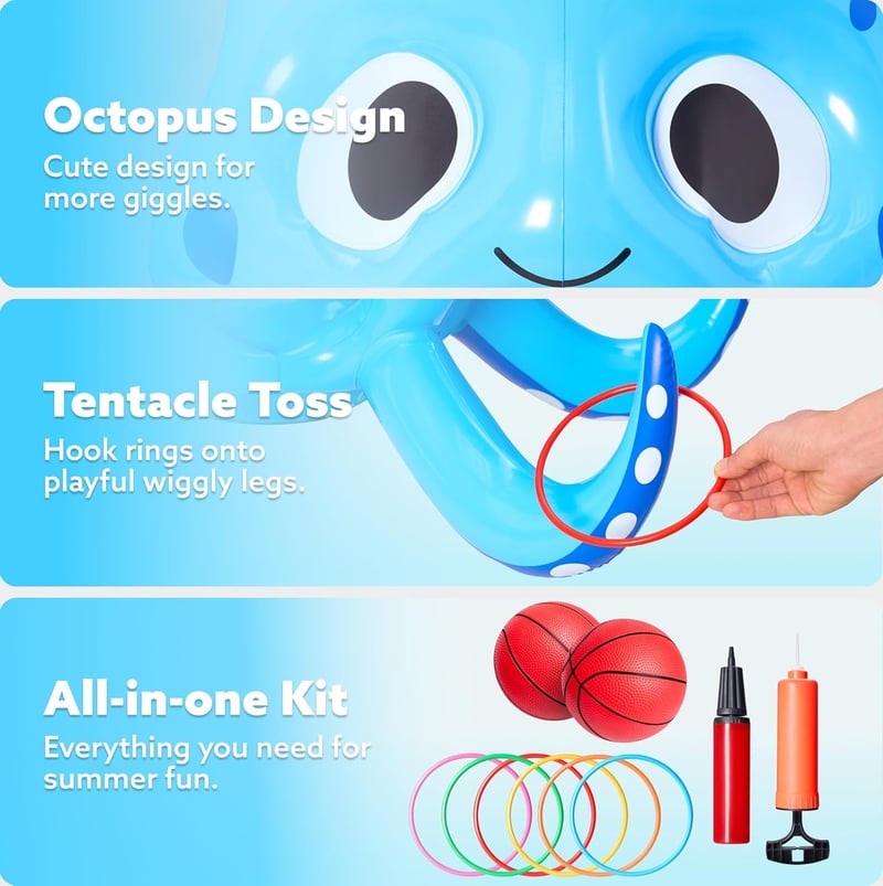 Aufblasbarer Oktopus für den Pool – 2-in-1 Basketball und Ringwurf für Kinder
