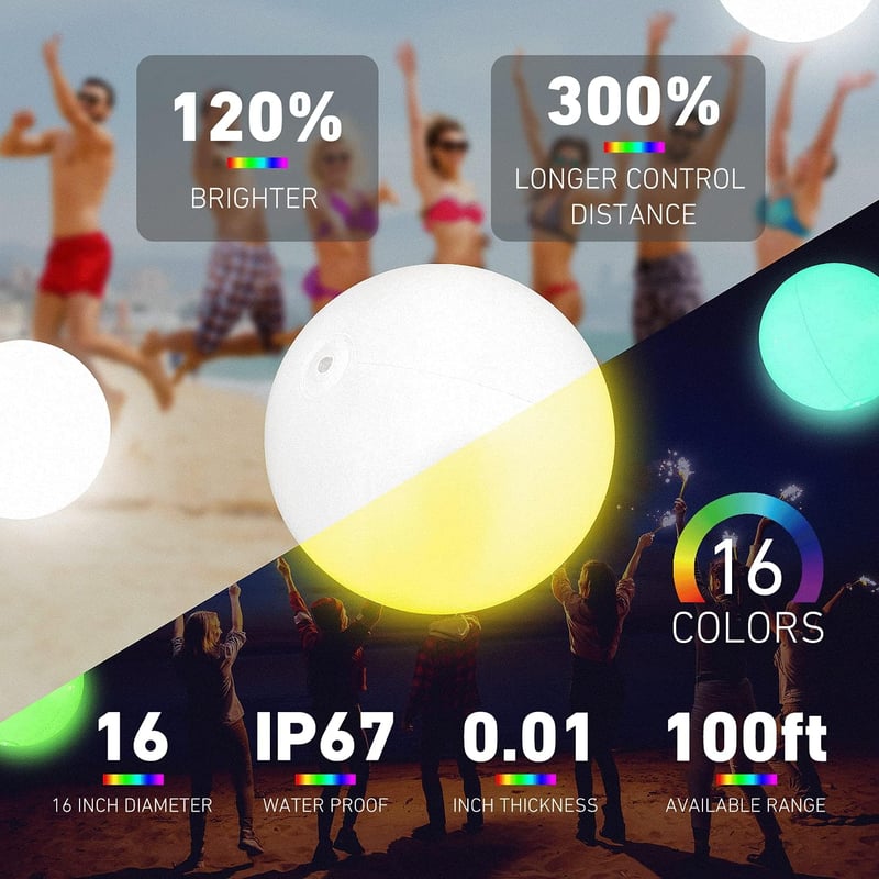 LED Wasserball - 16'' Aufblasbar mit 16 Farben und 4 Lichtmodi für Poolpartys