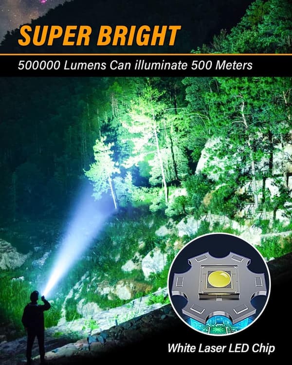 Akdomart LED Taschenlampe 500.000 Lumen, USB aufladbar, IP67 wasserdicht
