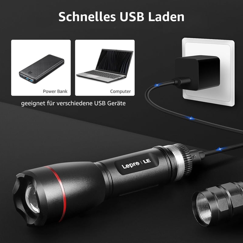 Wiederaufladbare LED Taschenlampe 15000 Lux, IPX4, 5 Modi, für Outdoor