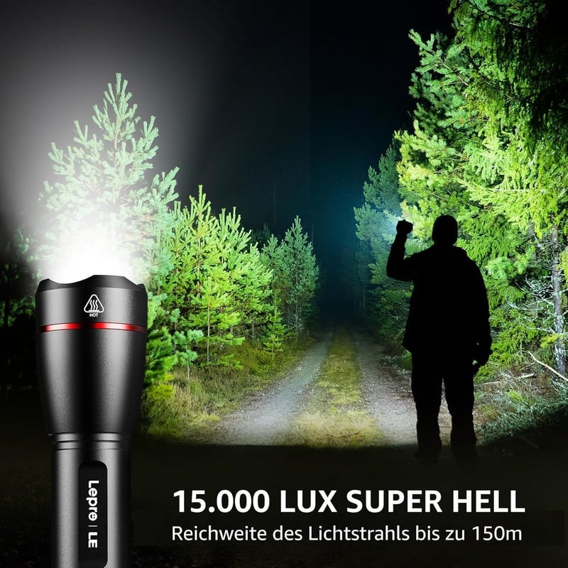 Wiederaufladbare LED Taschenlampe 15000 Lux, IPX4, 5 Modi, für Outdoor