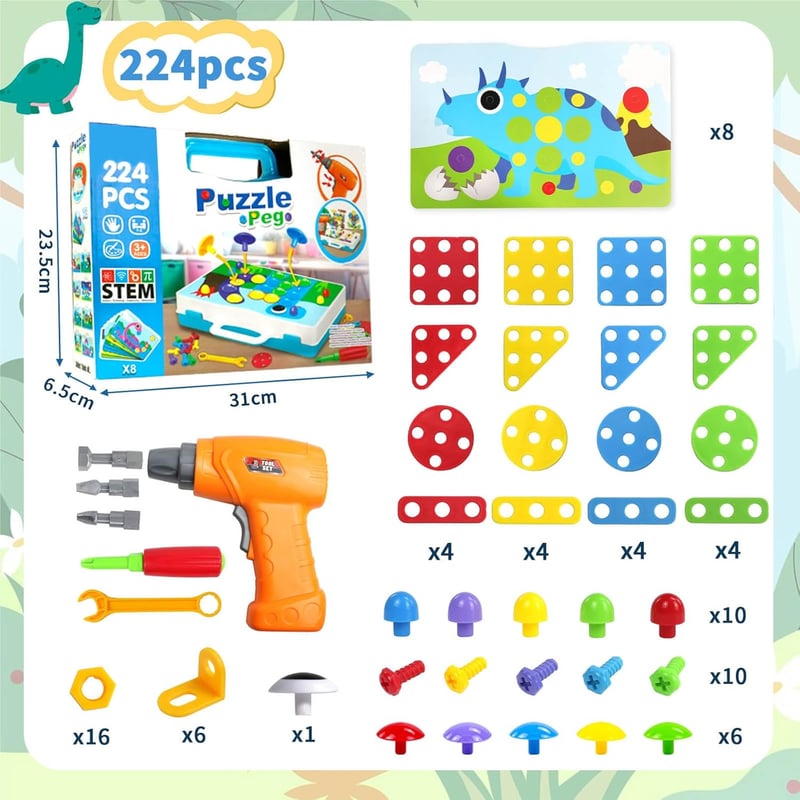 Mosaik Steckspiel mit Bohrmaschine für Kinder ab 3 Jahren – 224 Teile