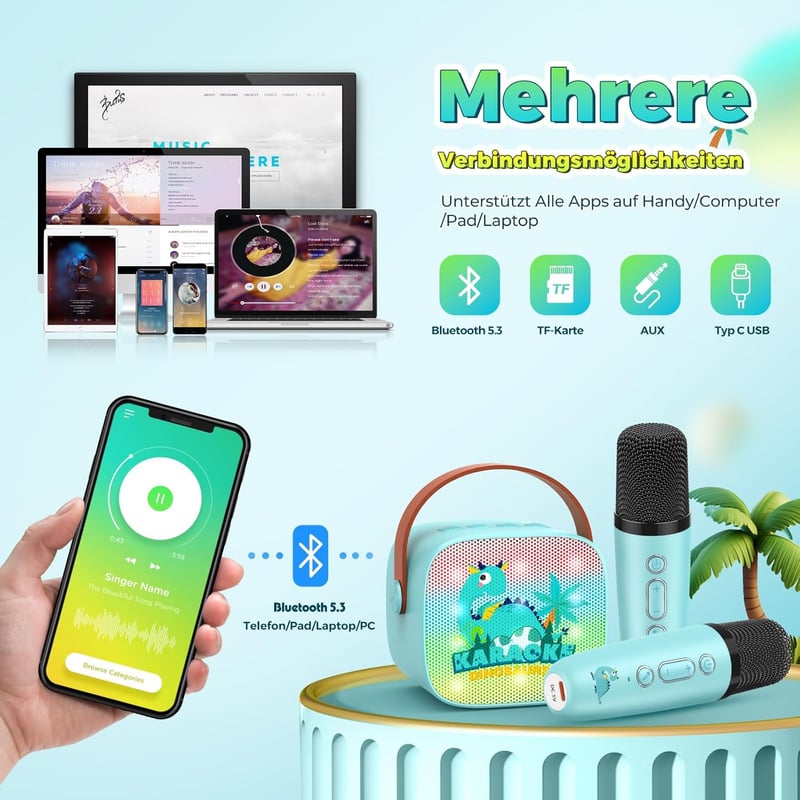 Mini Karaoke Maschine mit Bluetooth und 2 Mikrofonen für Jungen 3-12 Jahre
