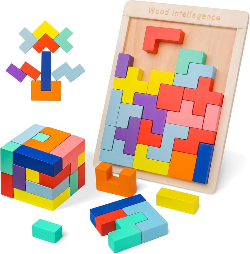 Montessori Holzpuzzle Tetris mit 30 bunten Bausteinen für Kinder ab 3 Jahren