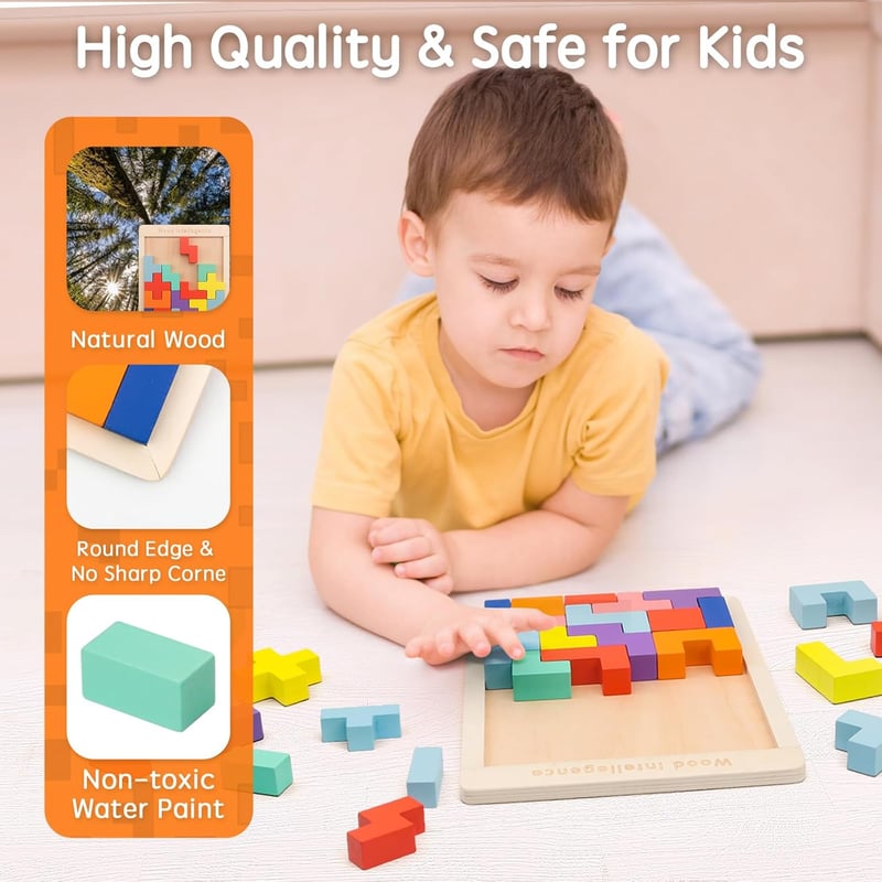 Montessori Holzpuzzle Tetris mit 30 bunten Bausteinen für Kinder ab 3 Jahren