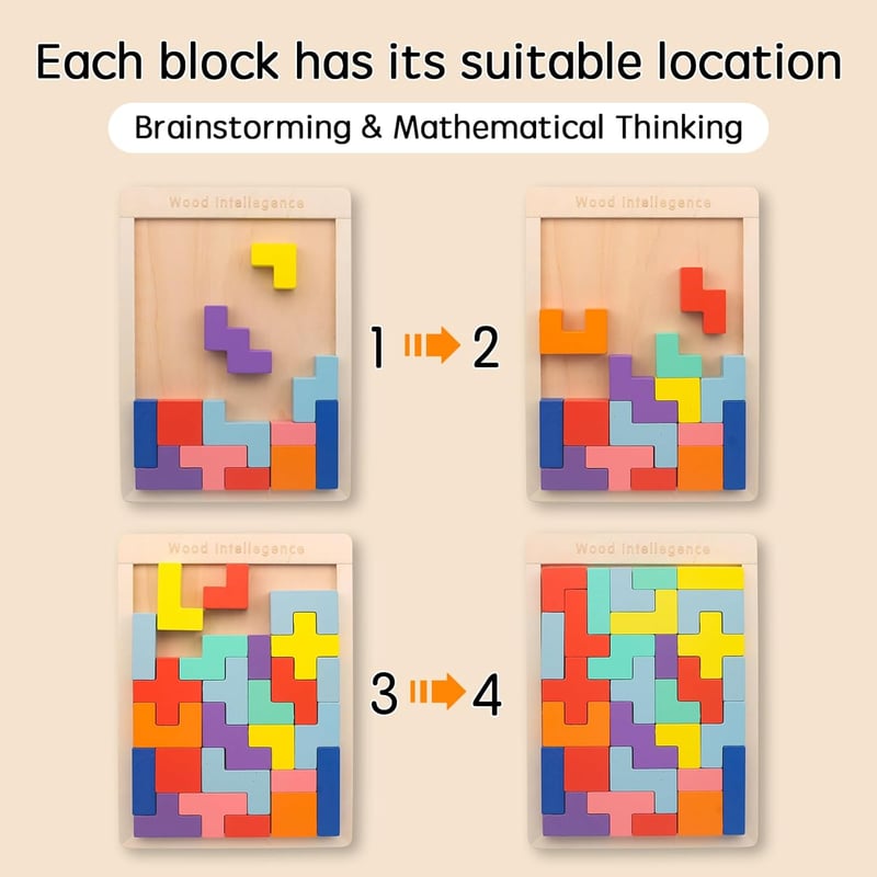 Montessori Holzpuzzle Tetris mit 30 bunten Bausteinen für Kinder ab 3 Jahren
