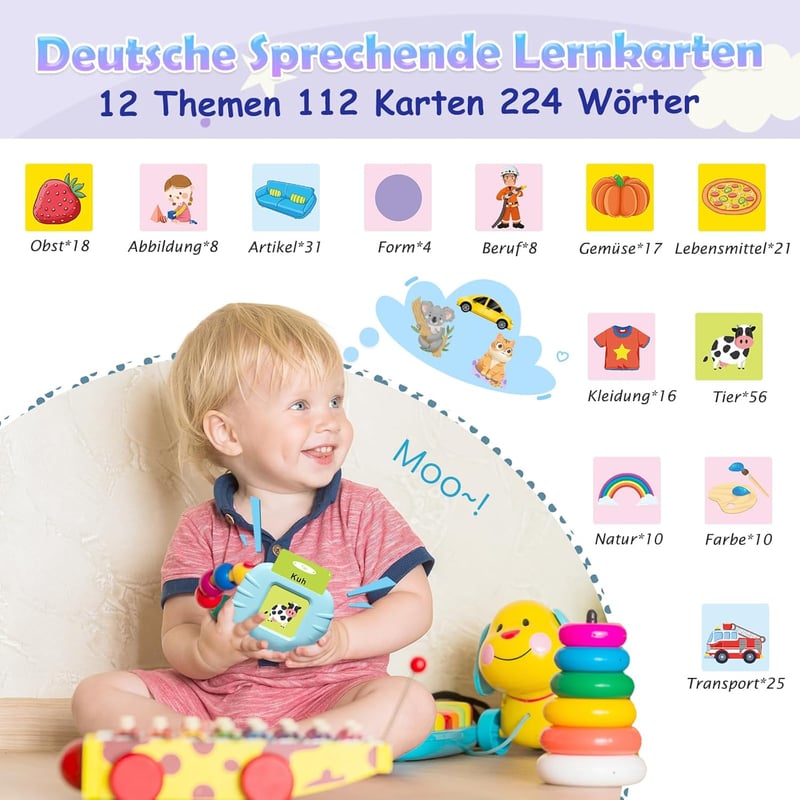 Lernspielzeug für Kinder ab 1 Jahr – 112 Karteikarten (Rosa)