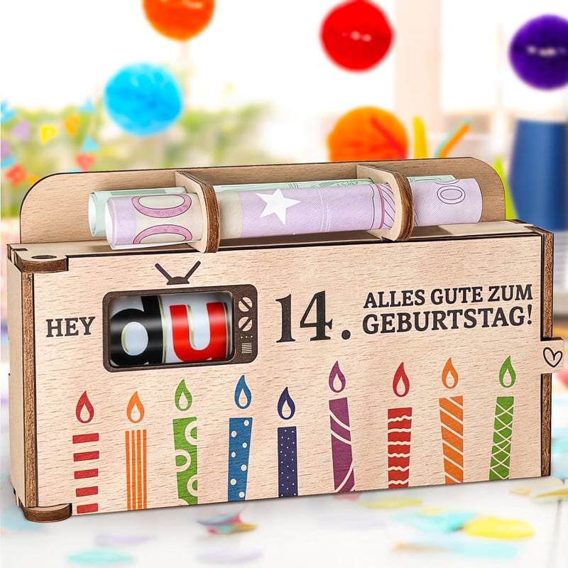 Personalisierte Holz-Geldgeschenkbox zum 14. Geburtstag für Jungen und Mädchen