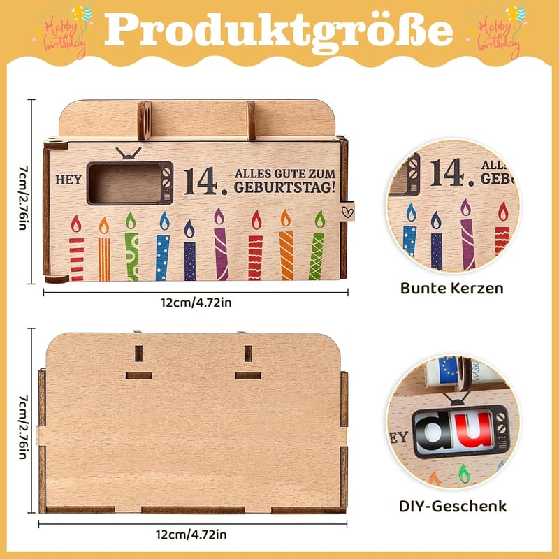 Personalisierte Holz-Geldgeschenkbox zum 14. Geburtstag für Jungen und Mädchen