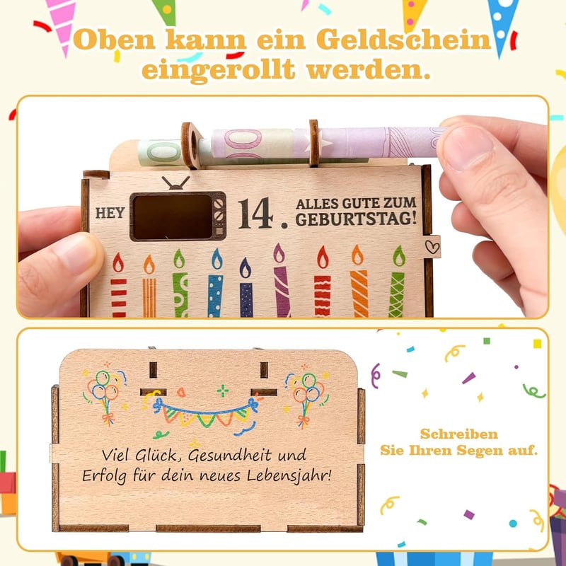 Personalisierte Holz-Geldgeschenkbox zum 14. Geburtstag für Jungen und Mädchen