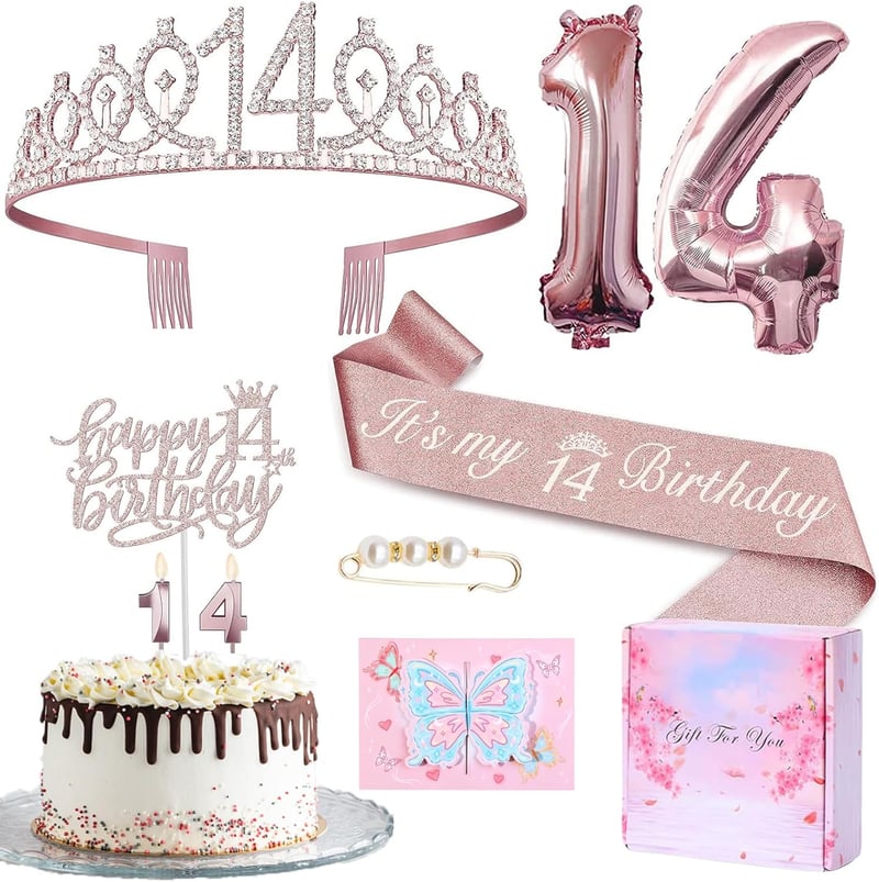 14. Geburtstag Deko Set für Mädchen - Krone, Schärpe, Tortendeko, Roségold Ballon
