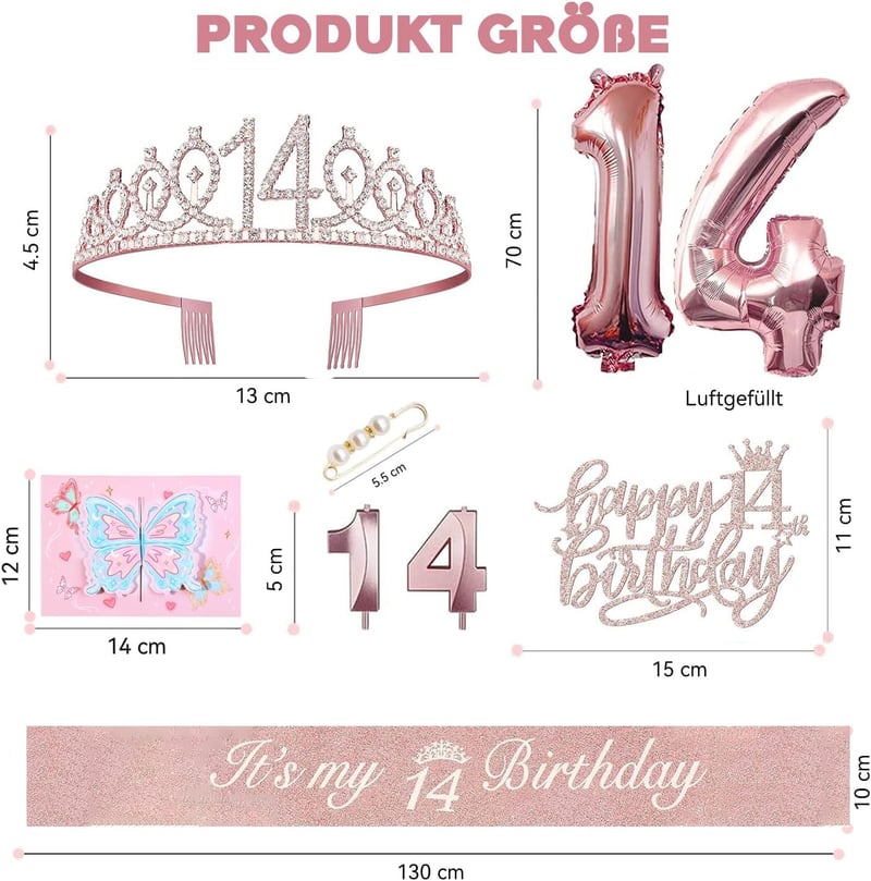 14. Geburtstag Deko Set für Mädchen - Krone, Schärpe, Tortendeko, Roségold Ballon