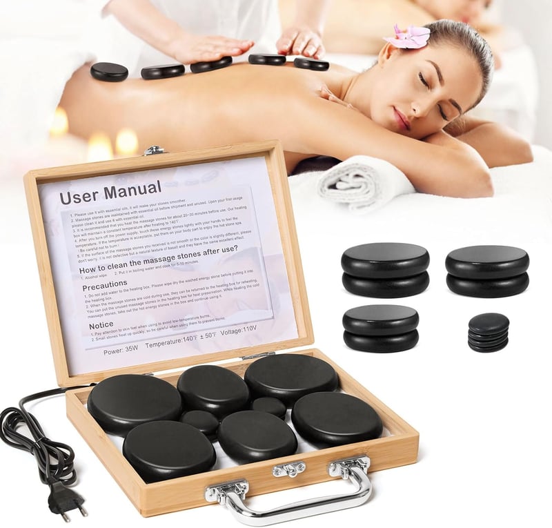 Hot Stone Massage Set mit 10 Basaltsteinen in Bambuskiste für Entspannung