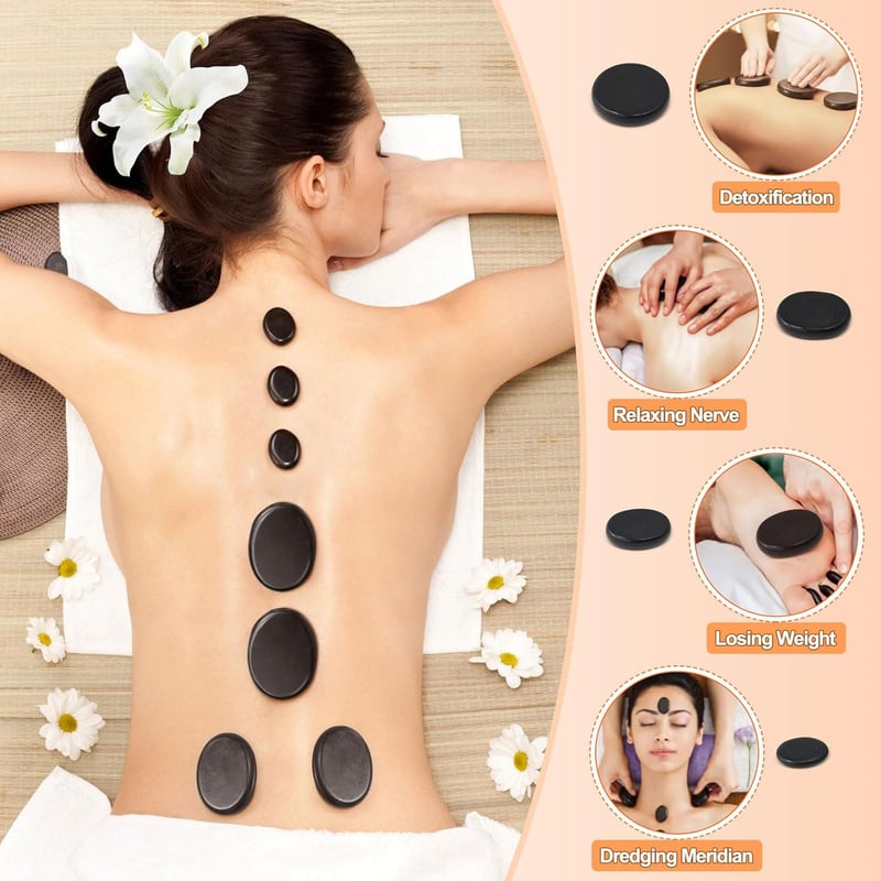 Hot Stone Massage Set mit 10 Basaltsteinen in Bambuskiste für Entspannung