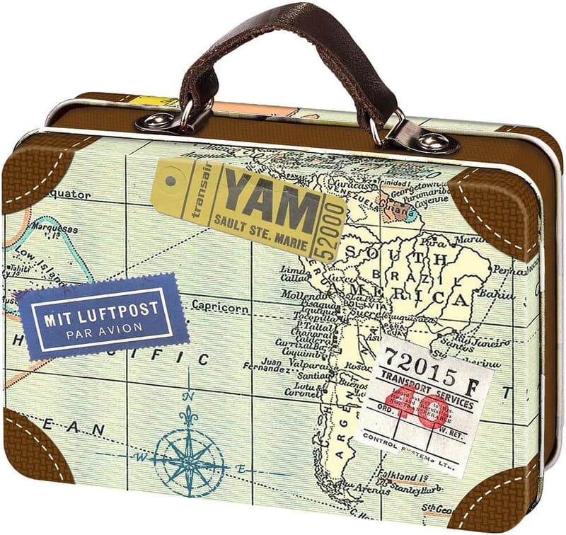Mini-Reisekoffer im Reisedesign aus Metall mit Lederhenkel