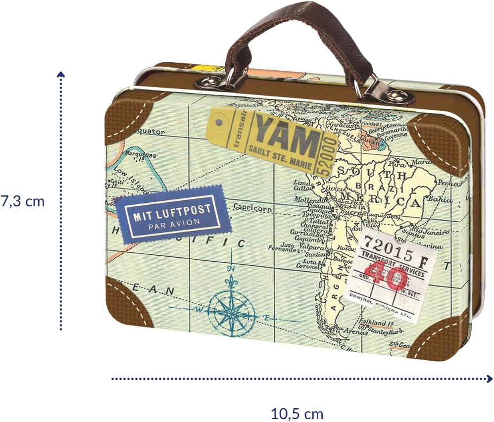 Mini-Reisekoffer im Reisedesign aus Metall mit Lederhenkel