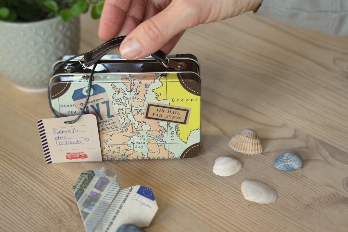 Mini-Reisekoffer im Reisedesign aus Metall mit Lederhenkel