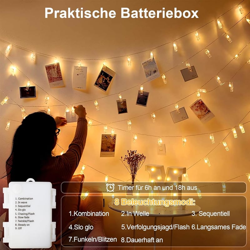 Foto-Lichterkette mit 20 LEDs und Klammern für Hochzeiten & Partys