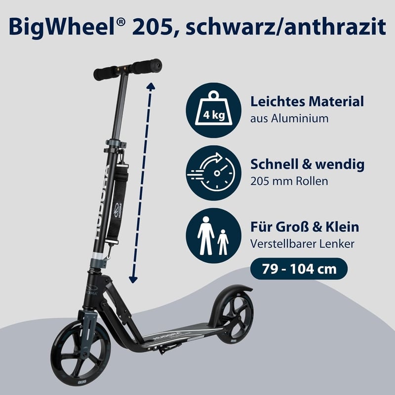 HUDORA BigWheel 205 Scooter - Höhenverstellbarer Aluminium-Roller für Kinder und Erwachsene bis 100kg