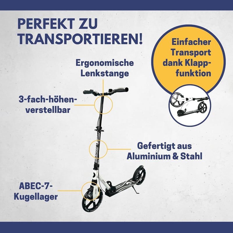 Klappbarer City-Roller für Erwachsene und Kinder, weiß-schwarz, 230 mm