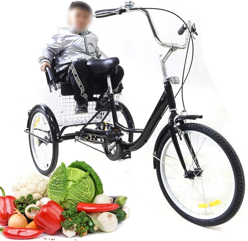 Premium 20 Zoll Dreirad für Erwachsene mit Kindersitz und Korb, schwarz