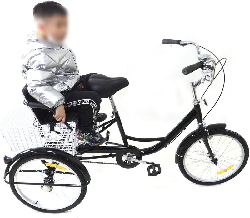 Premium 20 Zoll Dreirad für Erwachsene mit Kindersitz und Korb, schwarz