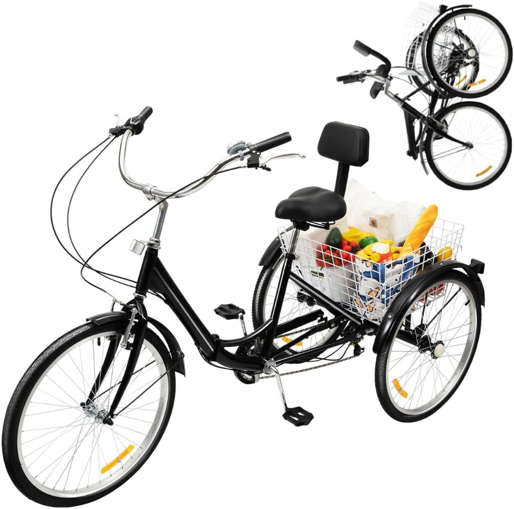Klappbares 24-Zoll-Dreirad für Erwachsene mit LED-Licht und Korb