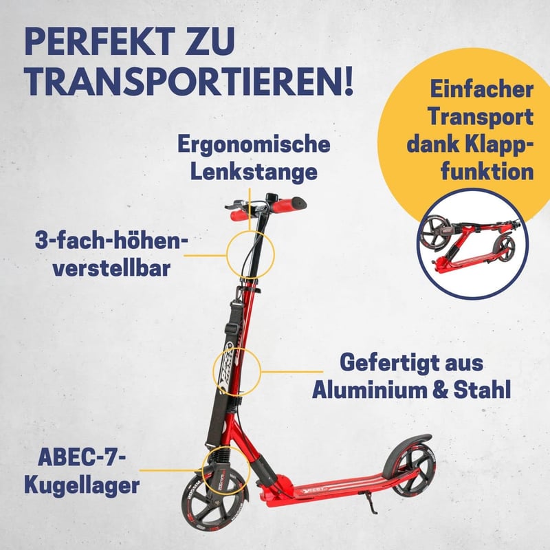 Hochwertiger klappbarer City-Roller für Erwachsene mit Handbremse, 205 mm Rollen