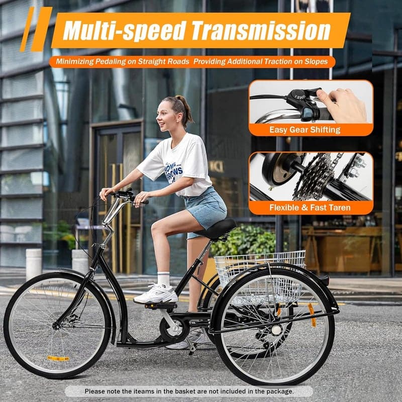 26 Zoll Dreirad für Erwachsene mit 6 Gängen und Einkaufskorb (Schwarz)