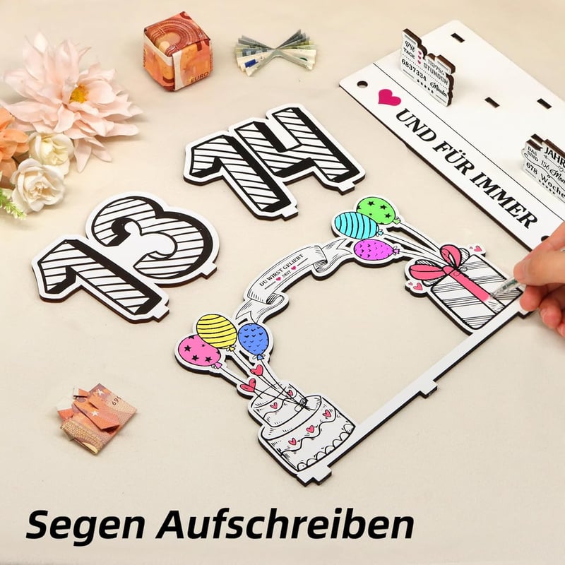 Geschenk zur 14. Geburtstag 3D-Holzkarte mit LED-Lichterkette