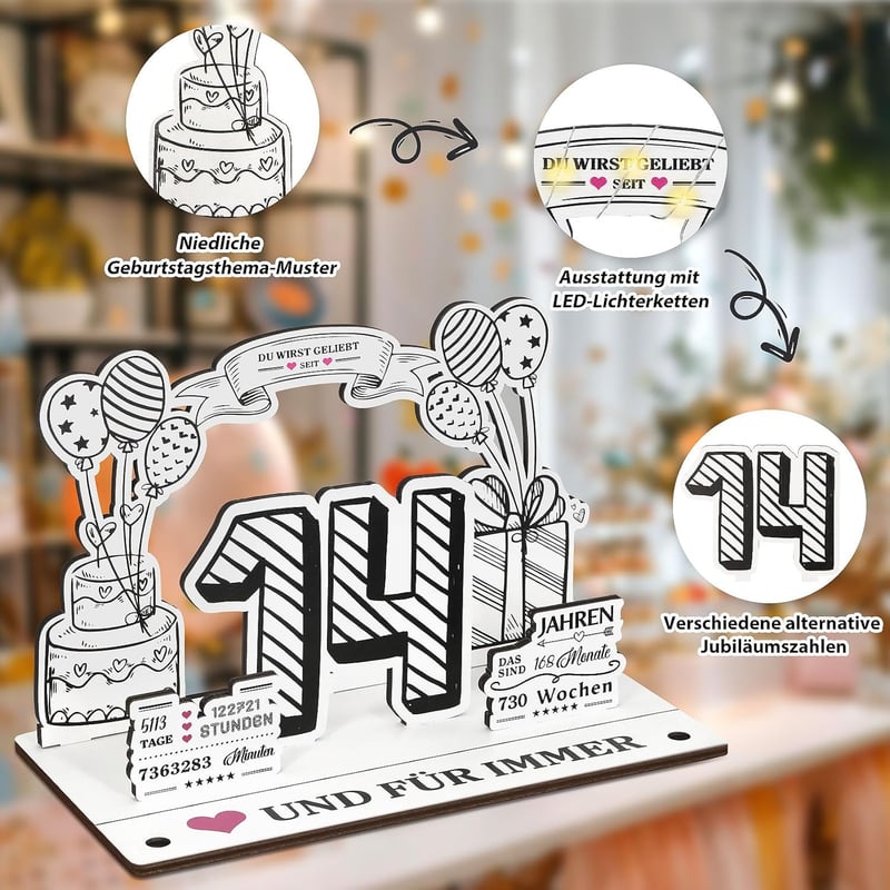 Geschenk zur 14. Geburtstag 3D-Holzkarte mit LED-Lichterkette