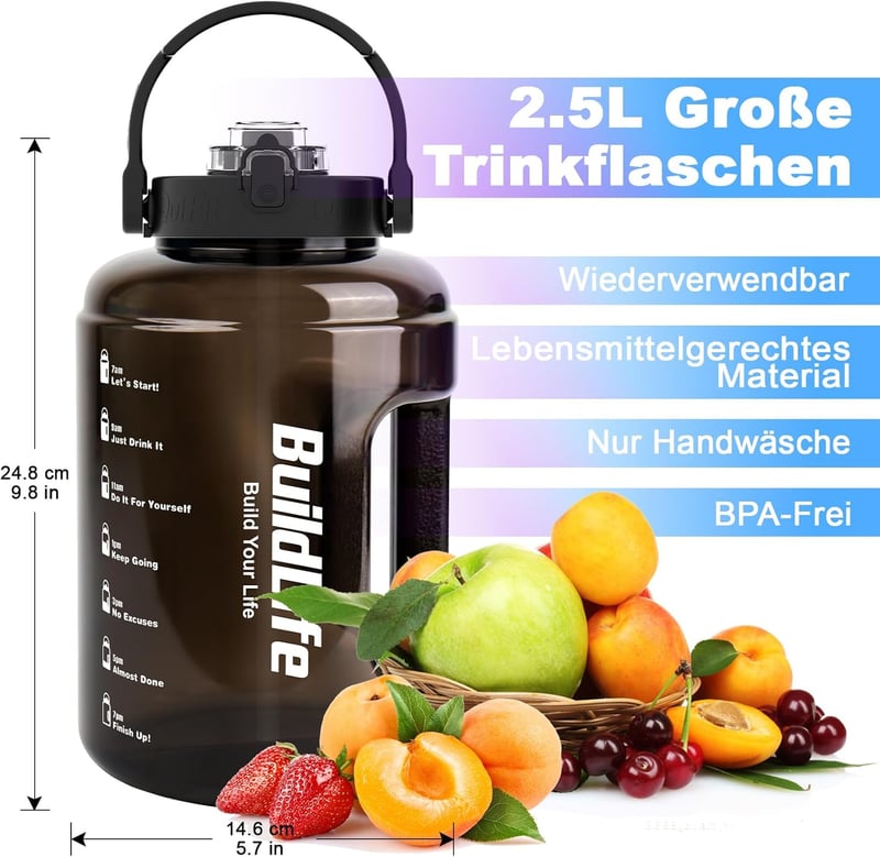 BuildLife Auslaufsichere Sport-Trinkflasche 2,5L mit Zeitmarkierung