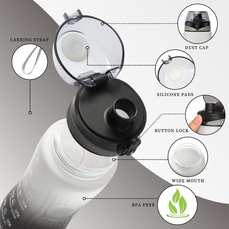 Motivations-Trinkflasche aus Tritan, 750ml, auslaufsicher, grau-schwarz