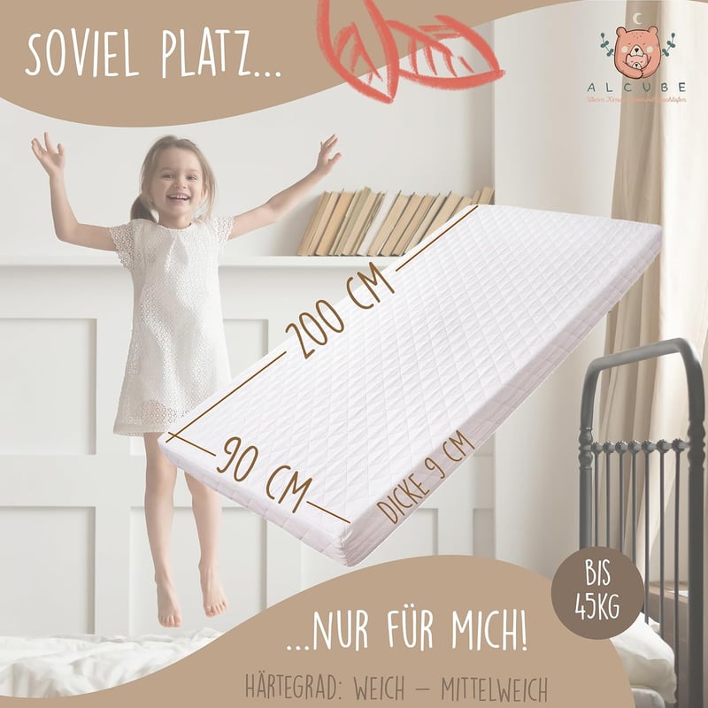 Alcube® Kindermatratze 90 x 200 cm mit waschbarem Bezug